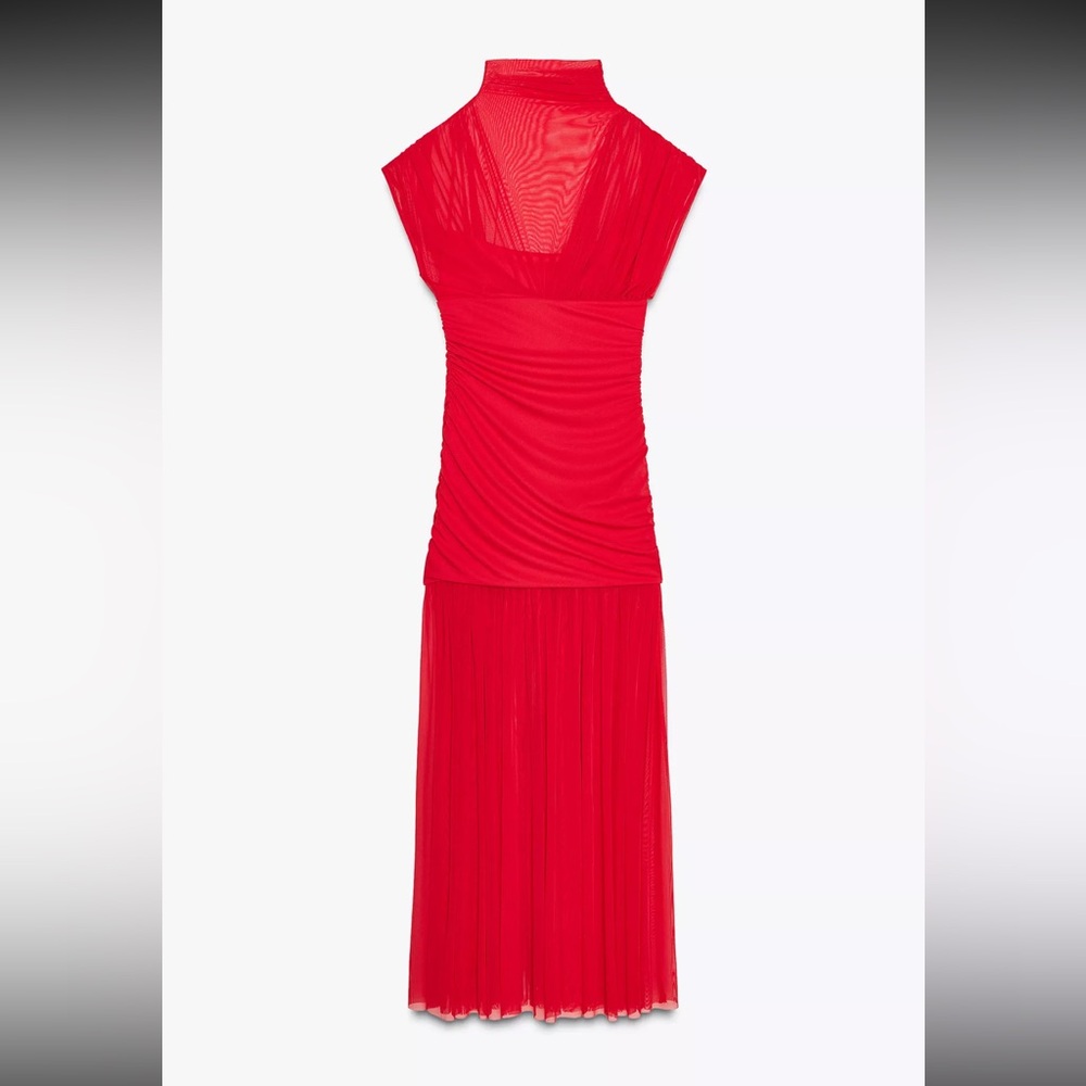 Zara Red Sleeveless Combo Tulle Midi Dress (size small)